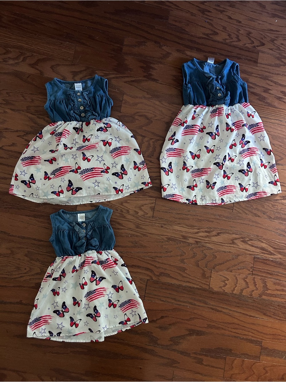 Girls Denim-Top Butterfly & Flag Print Dress - Blue, White, Red bundle